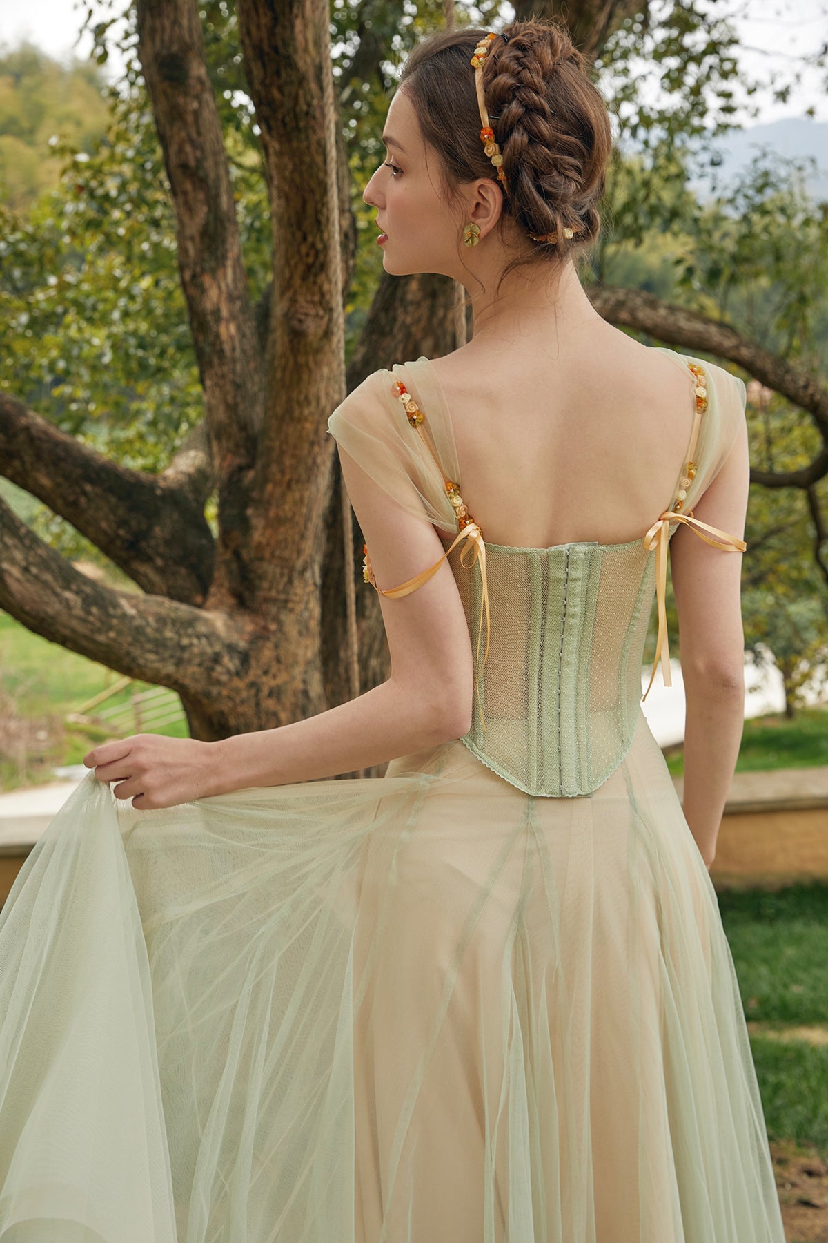 French Green Fairy Dress Set Heavy Fishbone Corset Top Tulle Skirt Homecoming Dress R5144