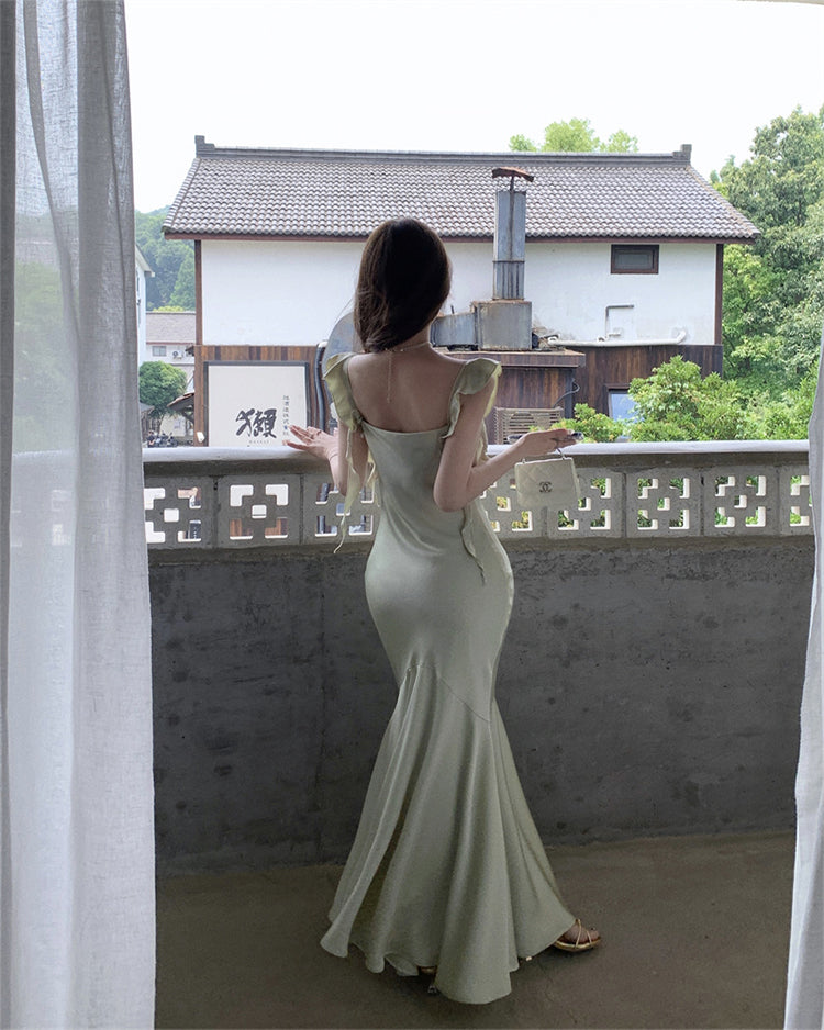 French satin sling collar fishtail suspender dress slim fit temperament dress long skirt R1805