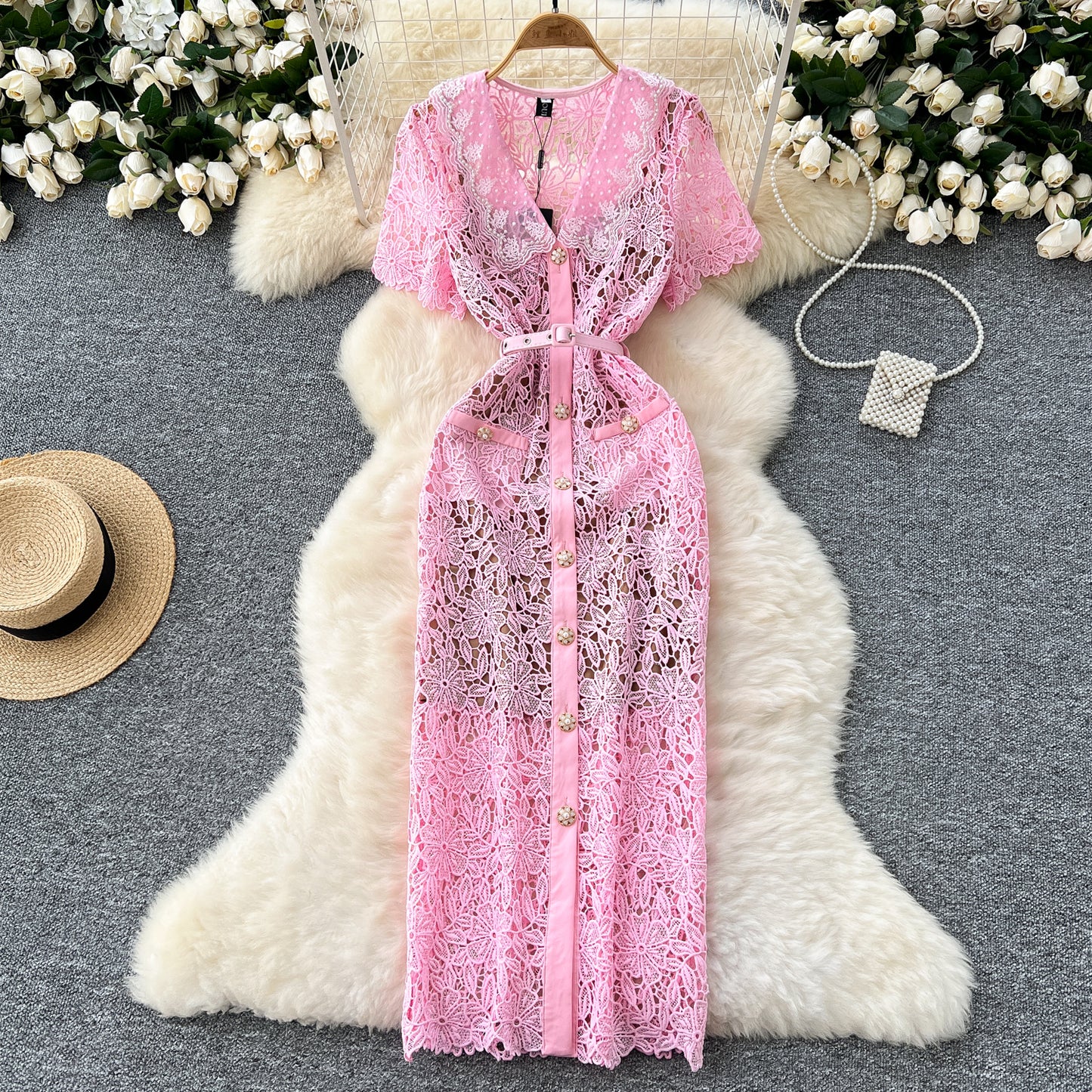 Chanel style dress with short sleeves, short-sleeved, single-breasted lace crochet long skirt R2300