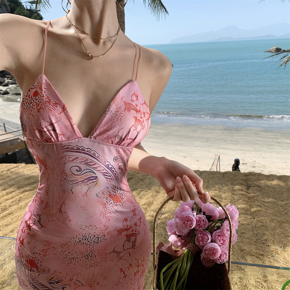 Travel wear printed deep v suspender dress sexy backless beach dress R1596
