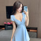 Low-cut sexy long-sleeved dress for women with slim waist and backless simple A-line short skirt R3670
