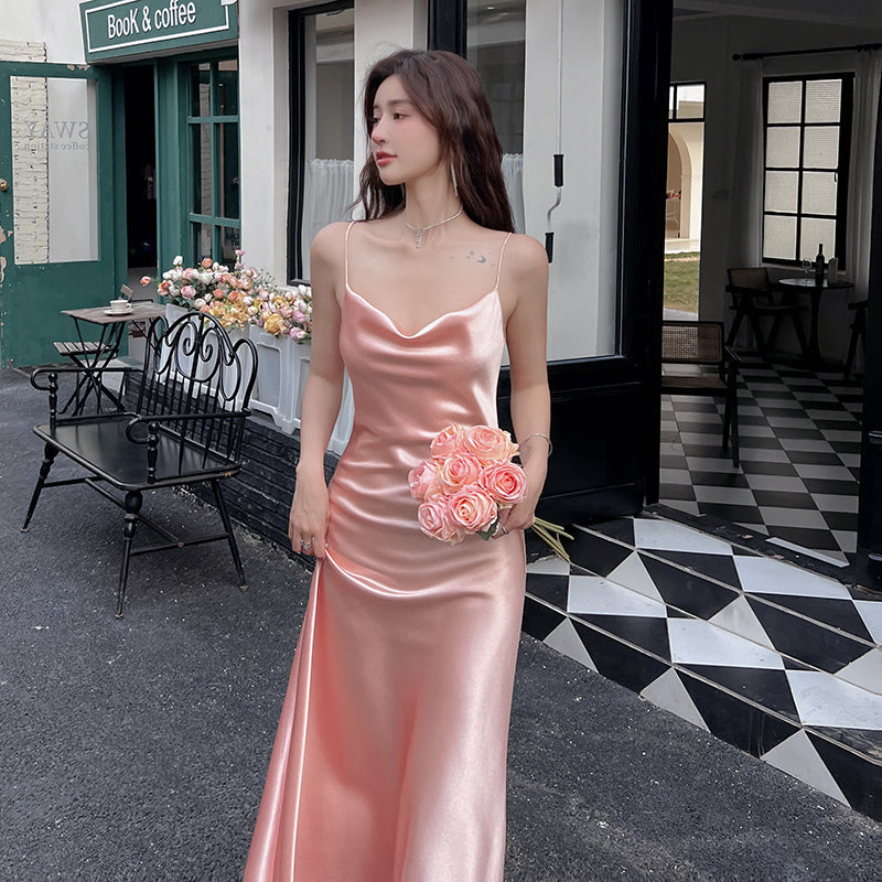 High-grade acetate satin silk dress slim sexy gentle girl pink inner suspender skirt R0990