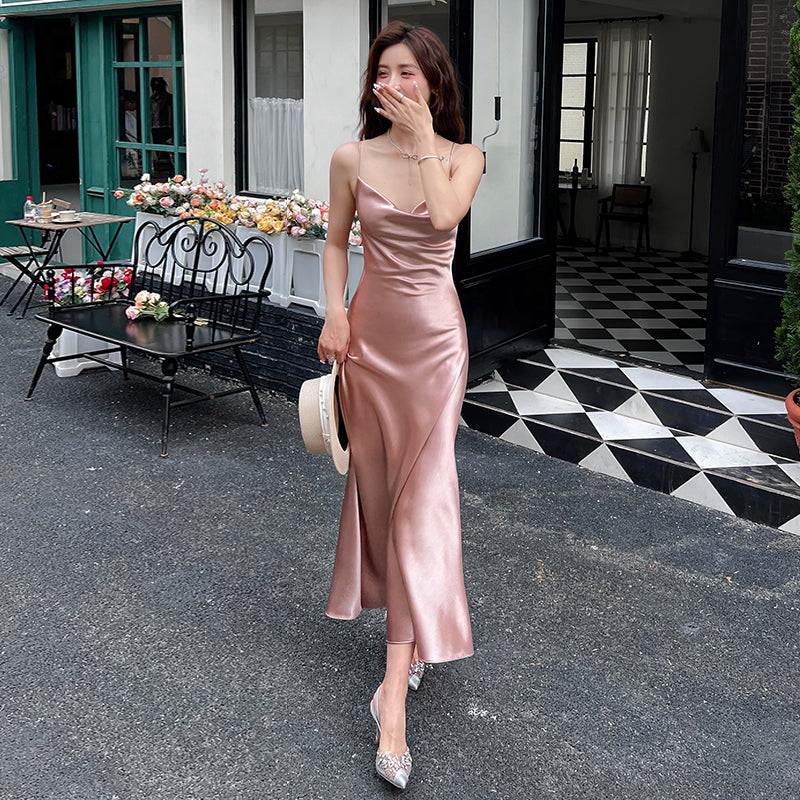 High-end acetate silk satin French suspender dress 2025 new pink long skirt R0993