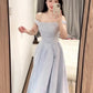 Blue jacquard suspender dress with a slender neckline and a fluffy long skirt. R0524