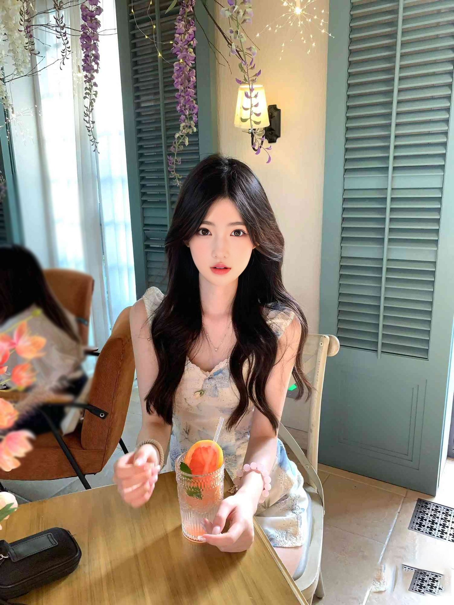 French gentle temperament blue floral suspender dress beautiful skirt R0691