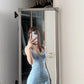 Sexy retro blue suspender dress beautiful waist slim a-line short skirt R0724