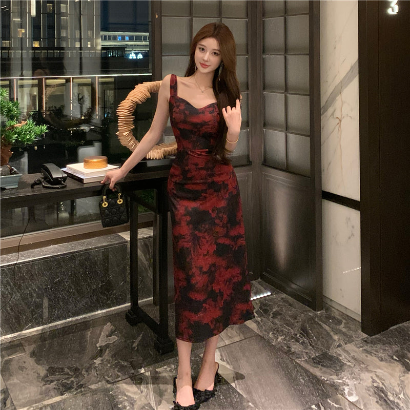 Light and mature retro print suspender dress waist and hip long skirt R0593