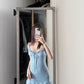 Sexy retro blue suspender dress beautiful waist slim a-line short skirt R0724
