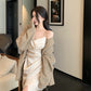 French silk satin sexy slit V-neck dress with suspenders evening dress R1487
