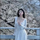 Gentle white moonlight suspender dress beautiful waist A-line long skirt R0718