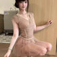 Gentle temperament v-neck sleeveless top mesh skirt beautiful two-piece suit R0870