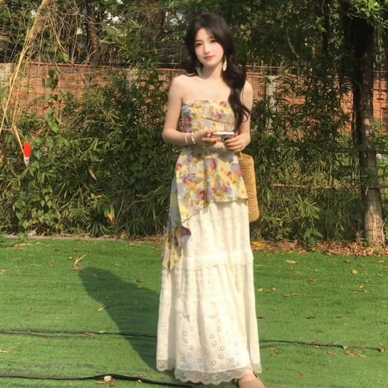 Casual lazy style gentle temperament floral camisole skirt two-piece set R0874