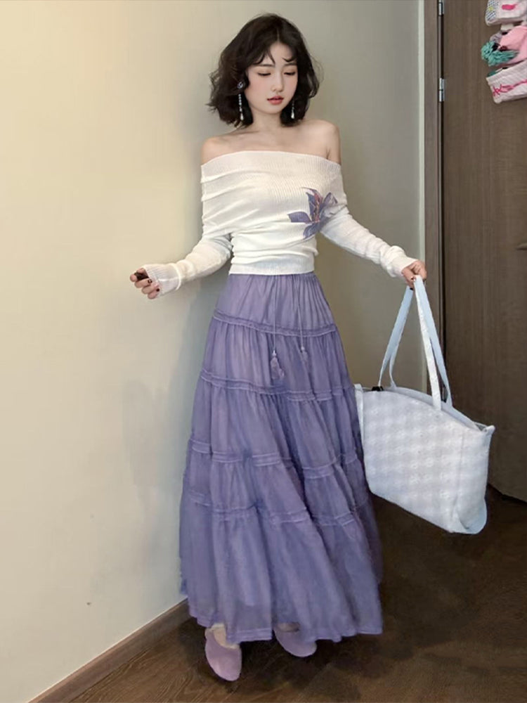 Elegant and gentle temperament one-shoulder long-sleeved top a-line skirt two-piece suit skirt R0875