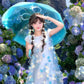 Gentle and sweet style blue flower short-sleeved dress holiday style A-line long skirt R0721