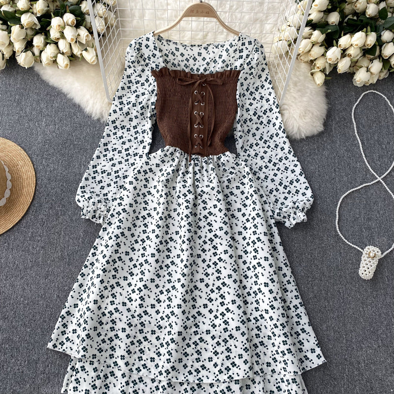 French sweet niche strap contrast color fake two-piece long-sleeved dress floral long skirt R2346