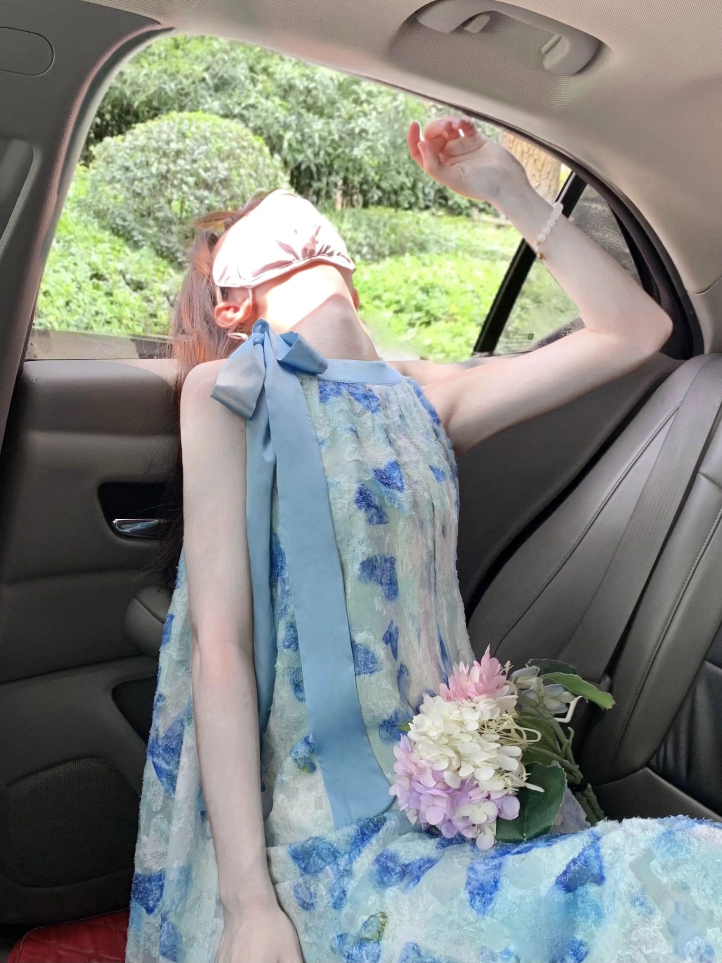 Butterfly floral lace-up halter neck dress gentle style temperament long skirt R0754