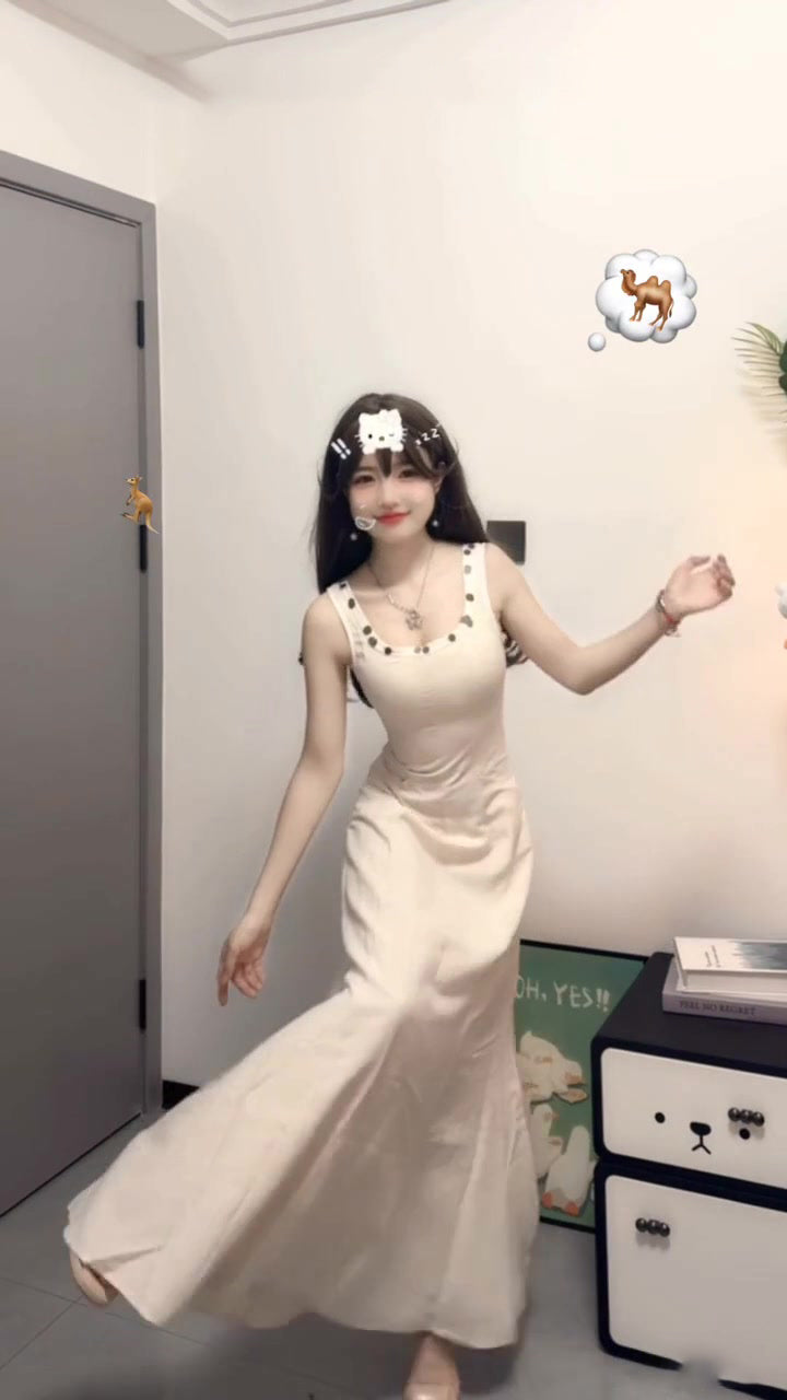 White sleeveless vest dress gentle style waist slim hip skirt R0589