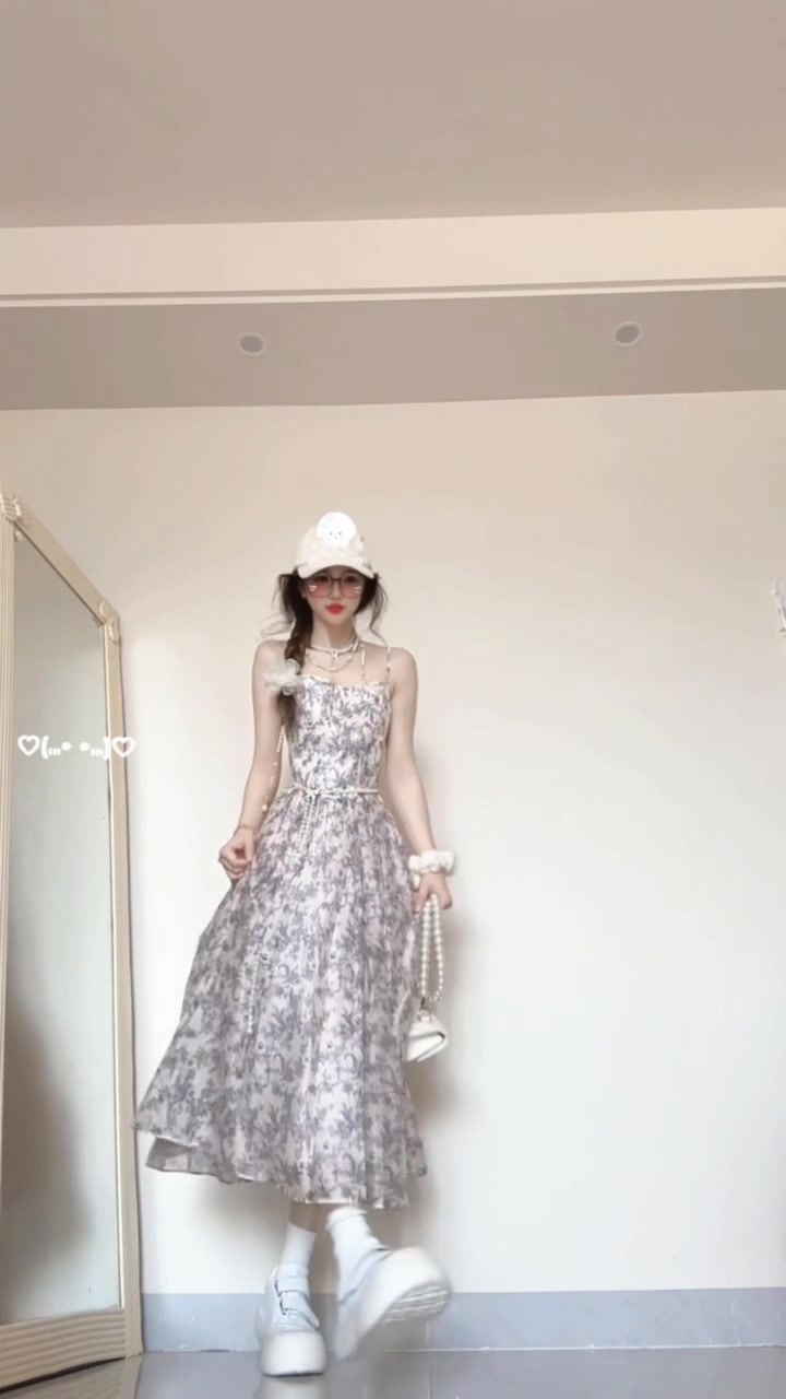 Floral suspender dress new style beautiful waist temperament long dress R0590