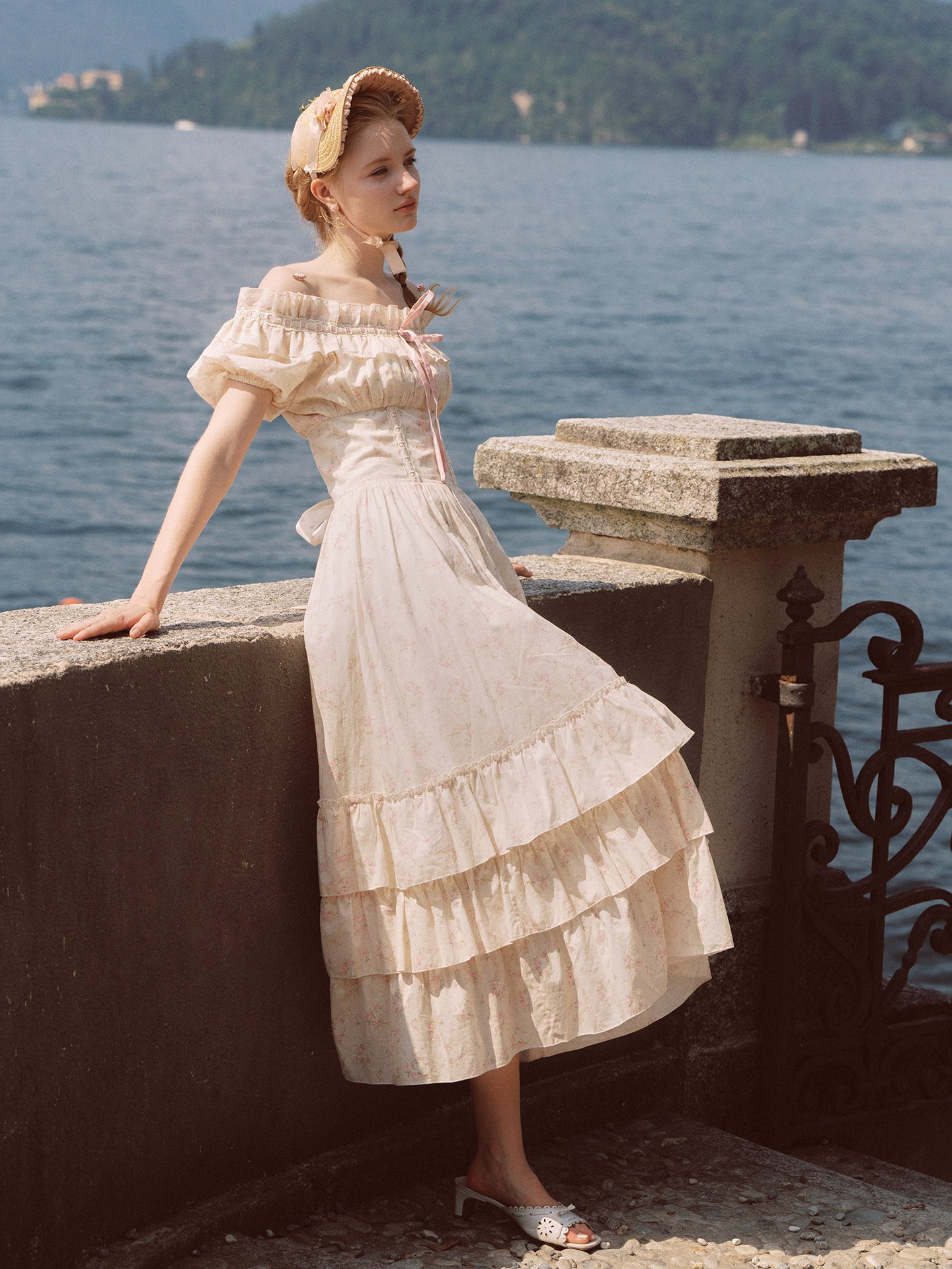 French pastoral style cake-style fishbone maxi dress with slim waist and cotton homecoming dress R5136