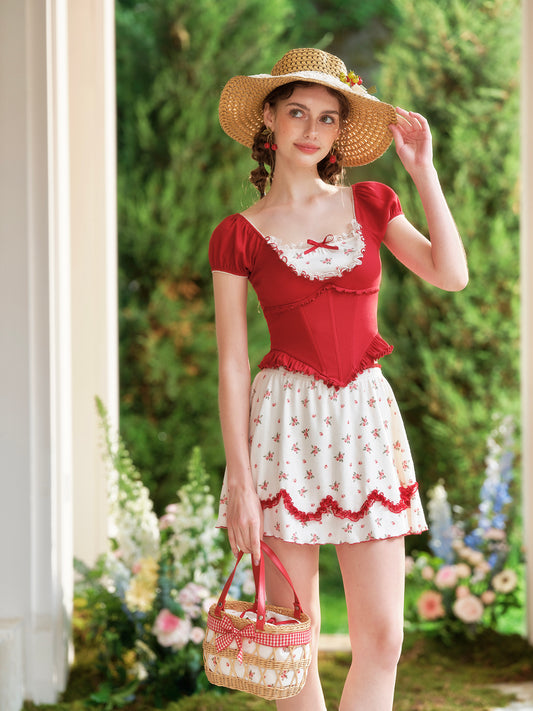 French style age-reducing college petite red short-sleeved top polka dot skirt suit homecoming dress R5142