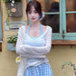 Women's suit beautiful long-sleeved T-shirt blue halter neck vest skirt three-piece suit R0695