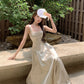 New Chinese style printed satin suspender dress niche waist slim temperament long skirt R1791