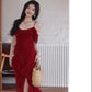 Retro red one-shoulder suspender dress high-end temperament beach dress R0774