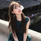 Retro green sleeveless vest dress gentle and sweet style waist A-line short skirt R0706