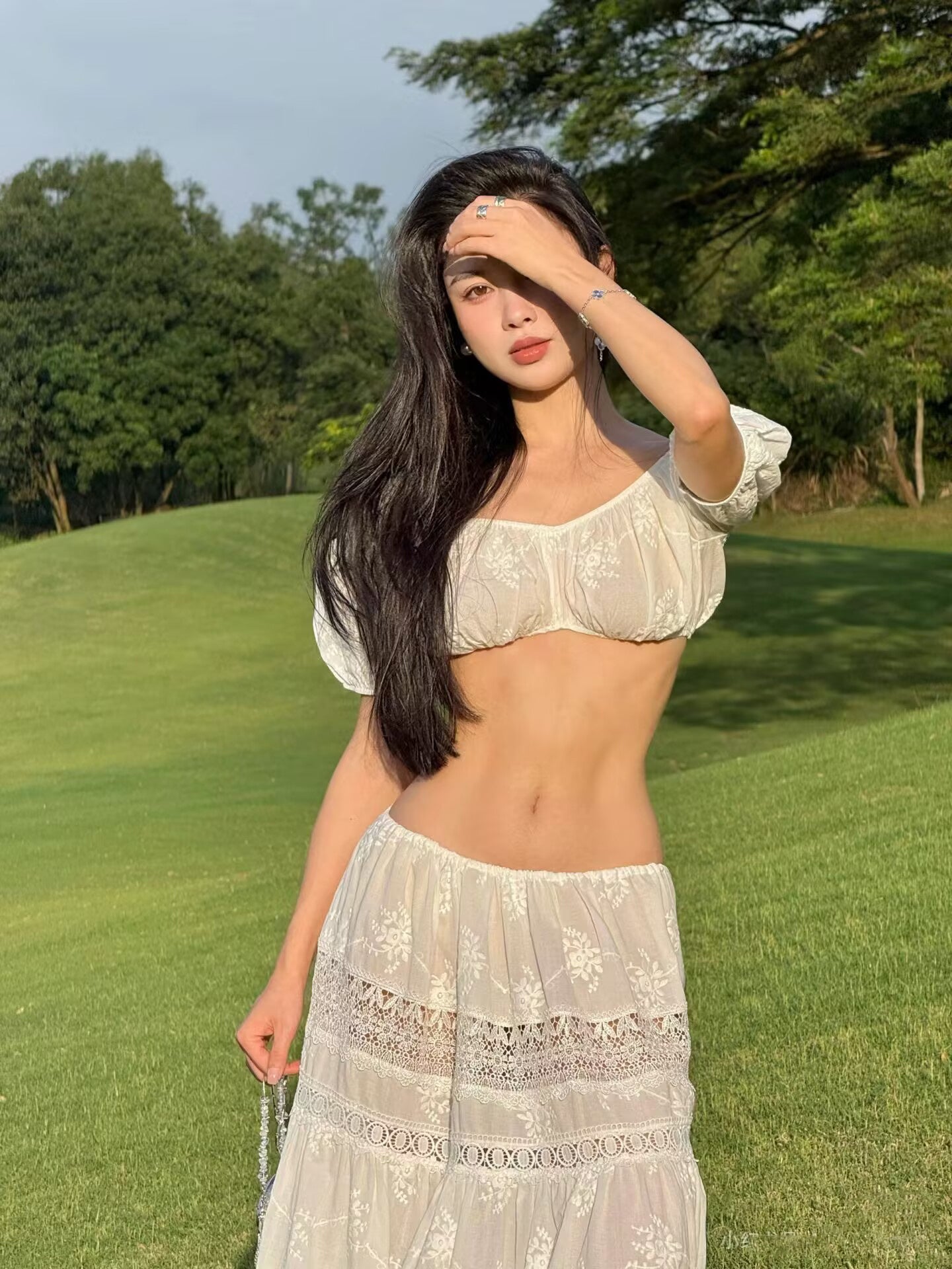 White tube top hot girl top feminine skirt two-piece set for beach vacation R1578