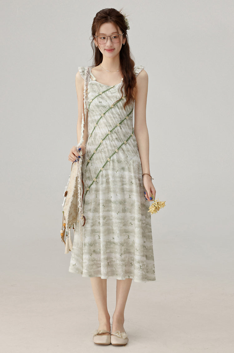 2025 Temperament Green Floral Suspender Dress Holiday Style Dress R1936
