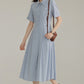 French new blue college style dress waist pleated shirt skirt R1938