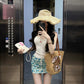 Holiday style gentle temperament beautiful jacquard halter neck top floral skirt two-piece suit R0886