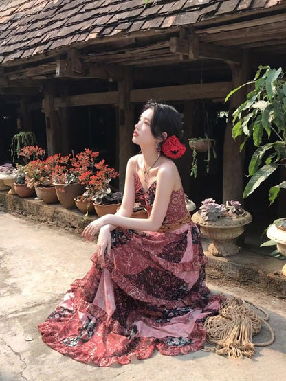 Women's Retro Floral Sling Dress Beautiful Waist A-Line Long Dress R0605