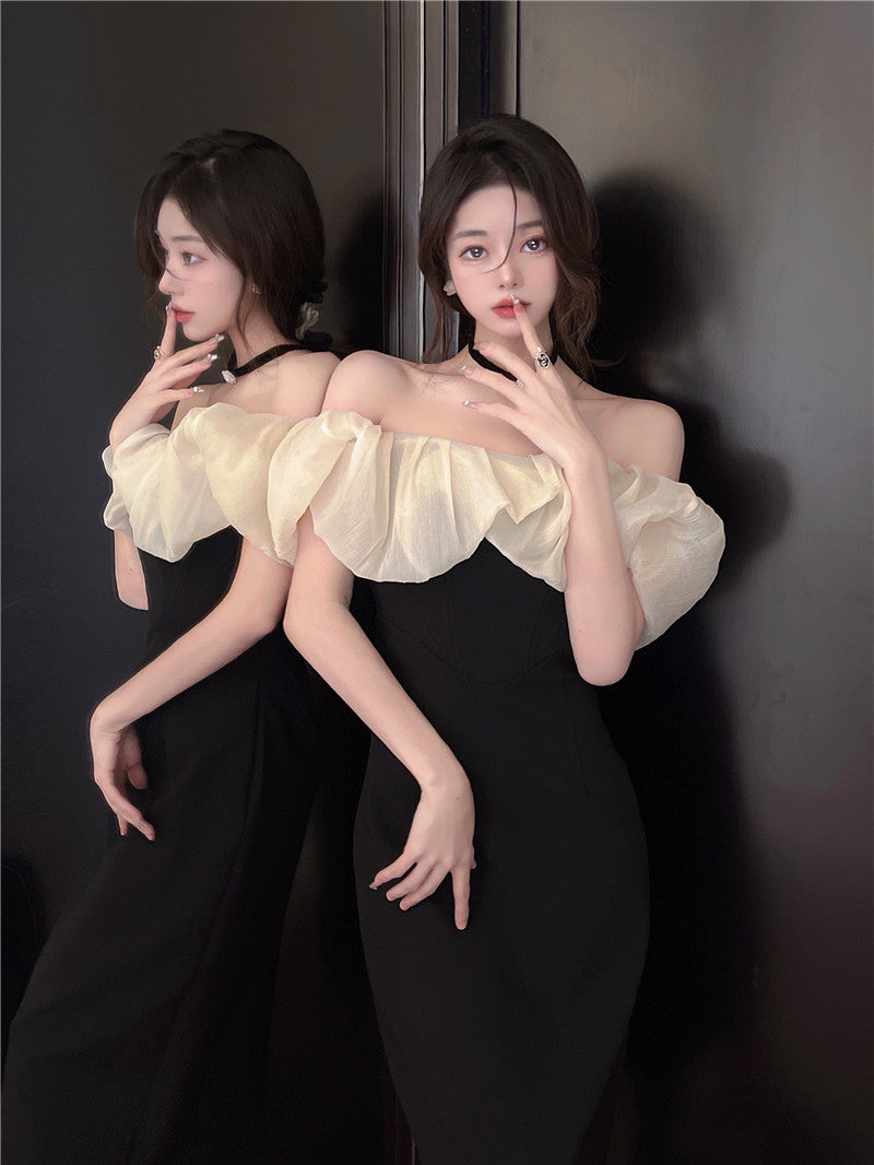 French style one shoulder dress slit gentle style banquet bridesmaid dress long skirt R1429