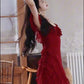Retro red one-shoulder suspender dress high-end temperament beach dress R0774