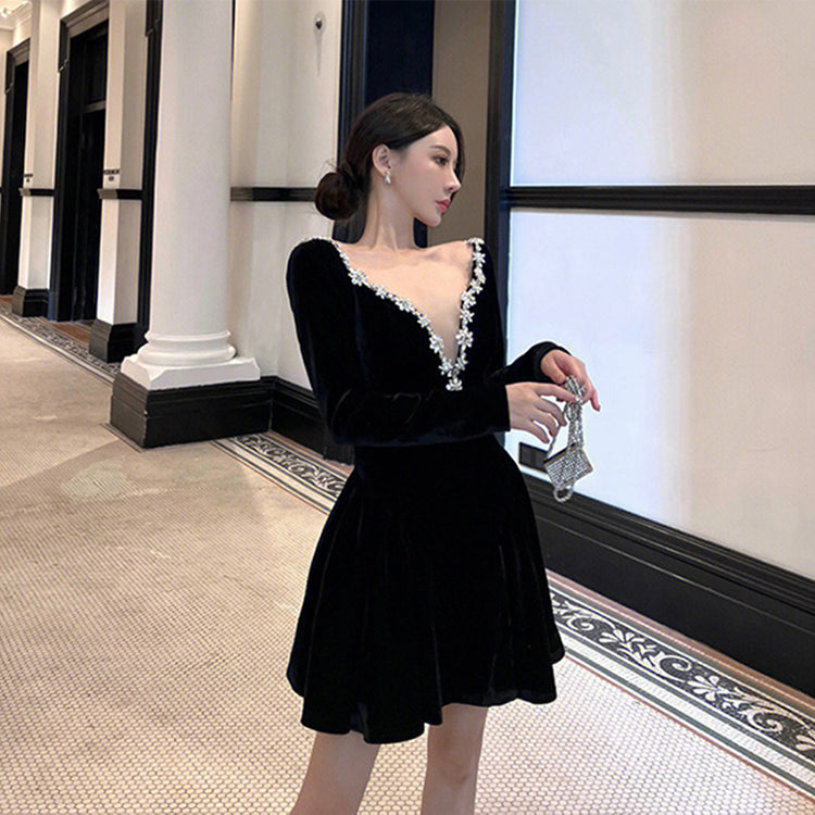 Birthday party dress high-end niche temperament sexy v-neck dress R1787