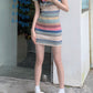 Pure color short-sleeved knitted dress with waist, sexy and slim hip-hugging short skirt R0143