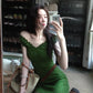 French style beautiful green V-neck sleeveless women's summer high-end temperament short skirt R3591