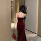 French suspender dress autumn wine red slim waist velvet hip fishtail Christmas dress R1439
