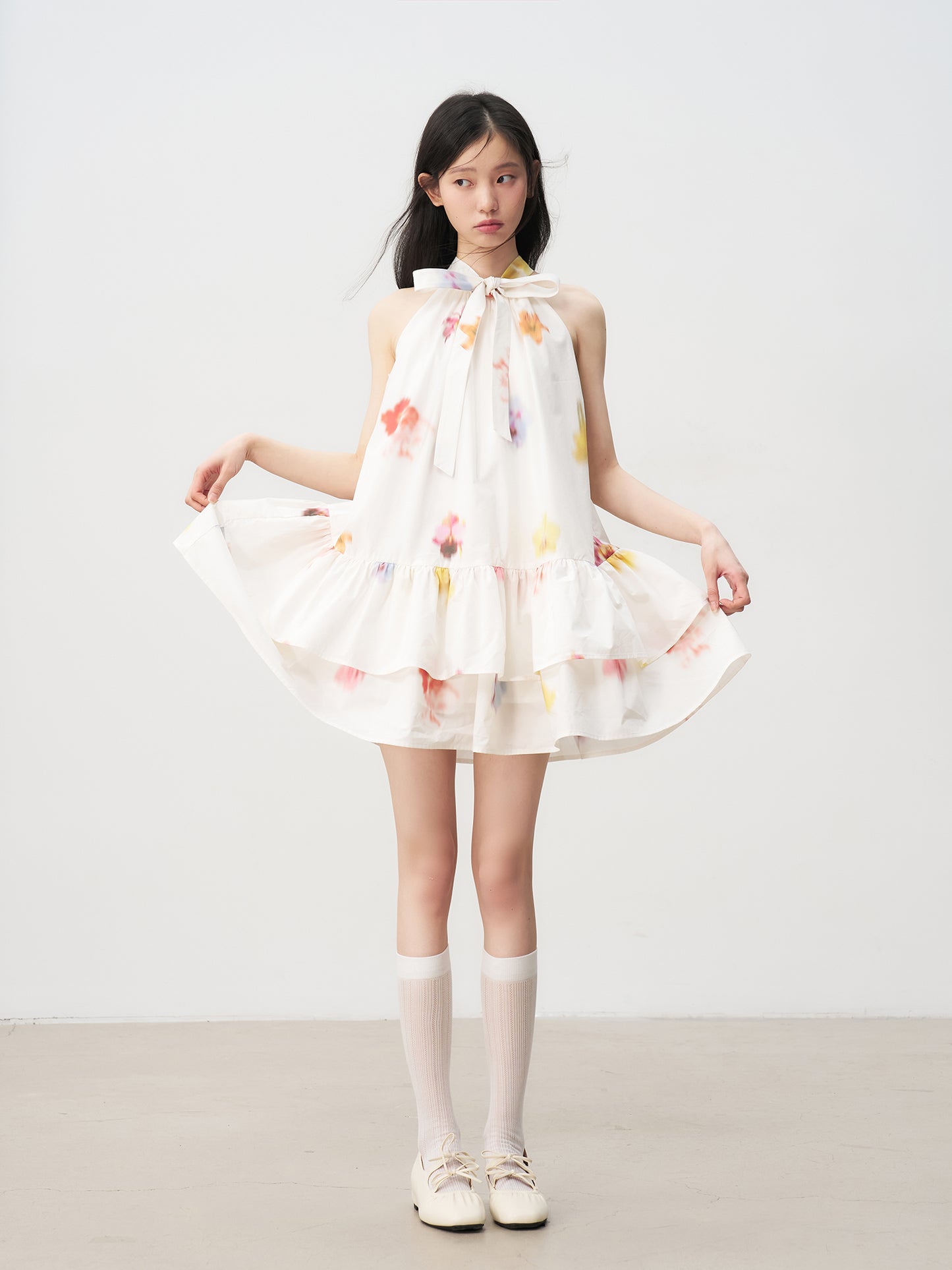 Sleeveless Floral Bow Tie Halter Dress with Ruffled Hem Tutu Skirt R5169