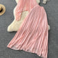 Beach Vacation Fashion Set Halter Neck Pleated Tank Top + High Waist Midi Skirt R2204