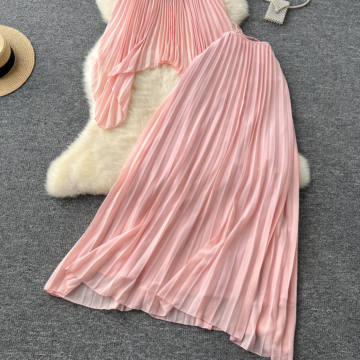 Beach Vacation Fashion Set Halter Neck Pleated Tank Top + High Waist Midi Skirt R2204