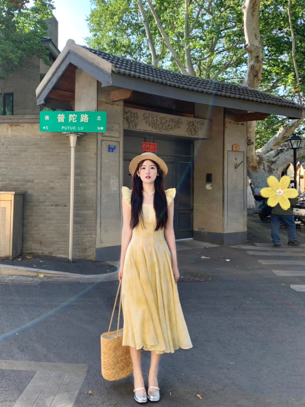 Summer skirt beautiful waist A-line long skirt yellow gradient floral dress R0837