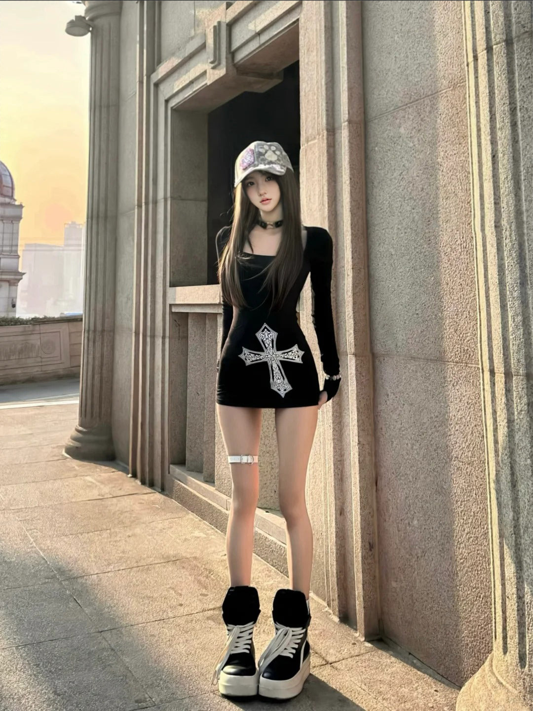 Printed long-sleeved black dress 2025 new slim hip skirt short style R0551