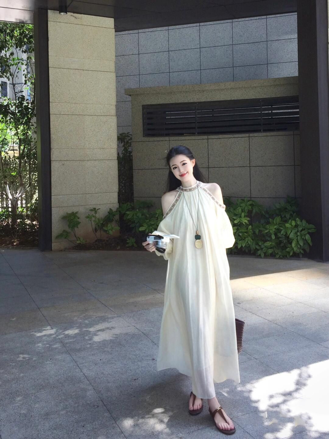 Off-the-shoulder dress, relaxed French long skirt R0552