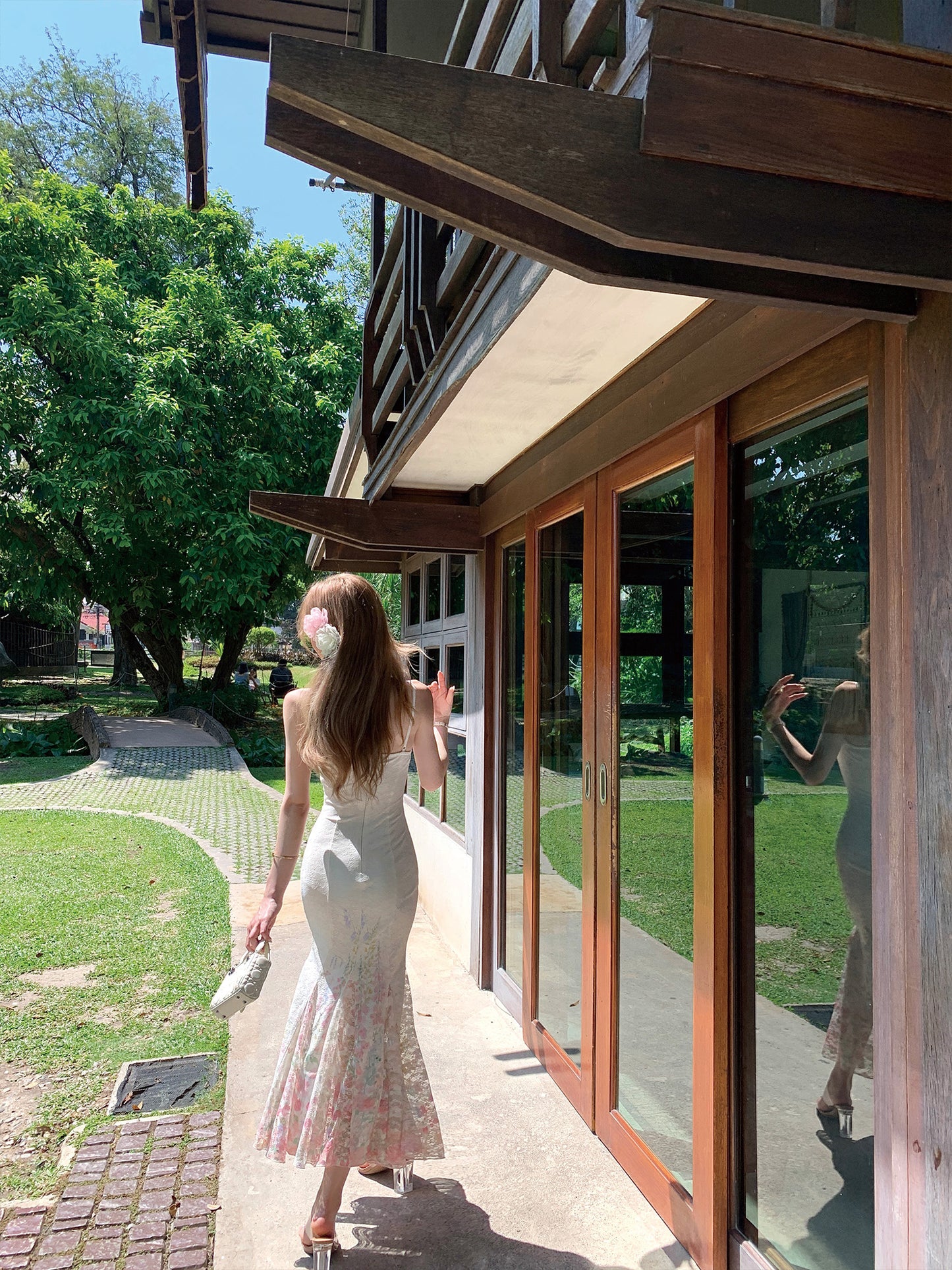 Summer fishtail design floral long skirt with suspenders for holiday R3868