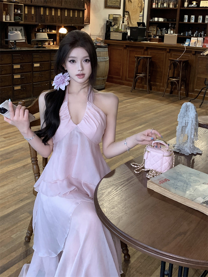 Beach Vacation Pink Chiffon Halter Neck Vest Skirt Two-piece Set R0508