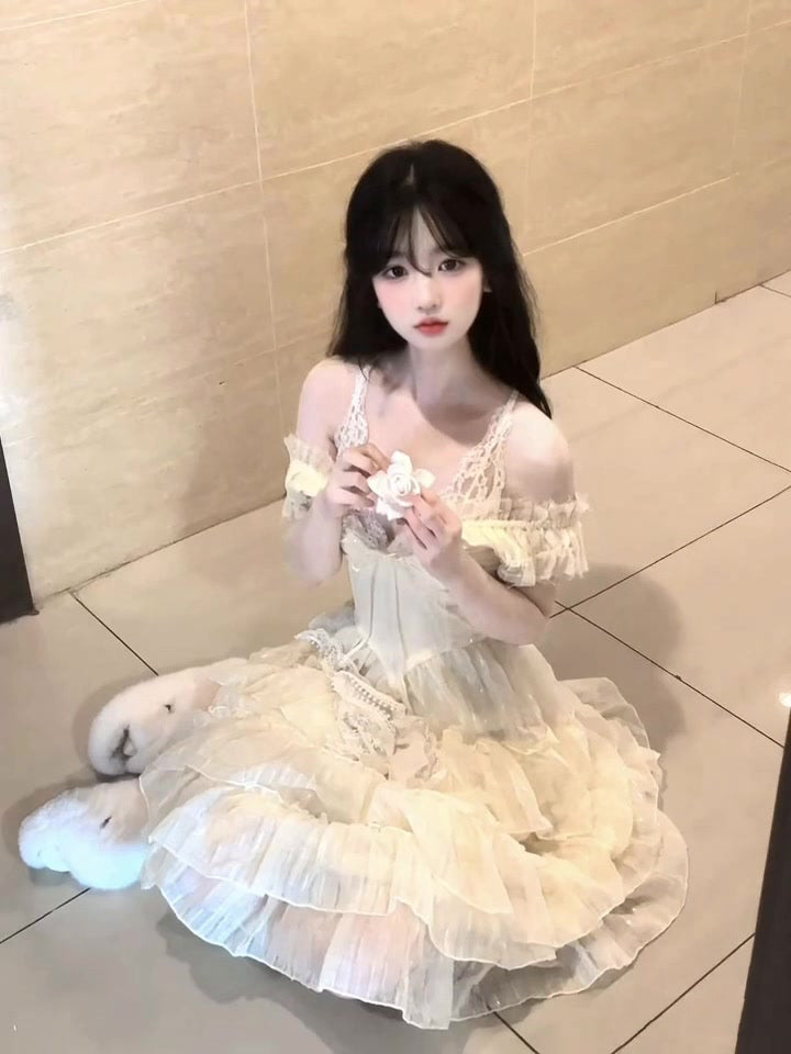 Summer beautiful little skirt gentle temperament lace v-neck suspender dress R0850