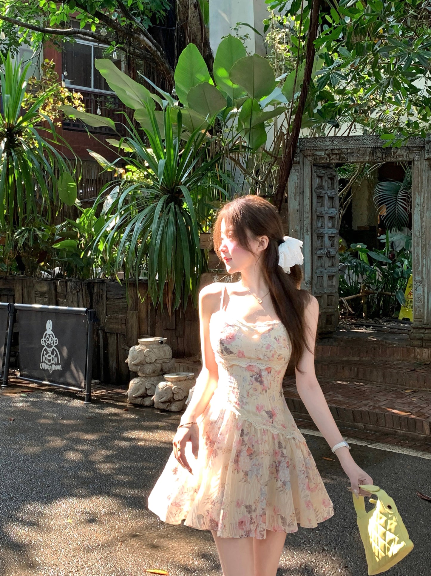 Holiday girl waist suspender lace floral dress beautiful summer skirt R3911