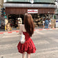 Summer waist slimming temperament red floral holiday halter neck slim dress for women R3914